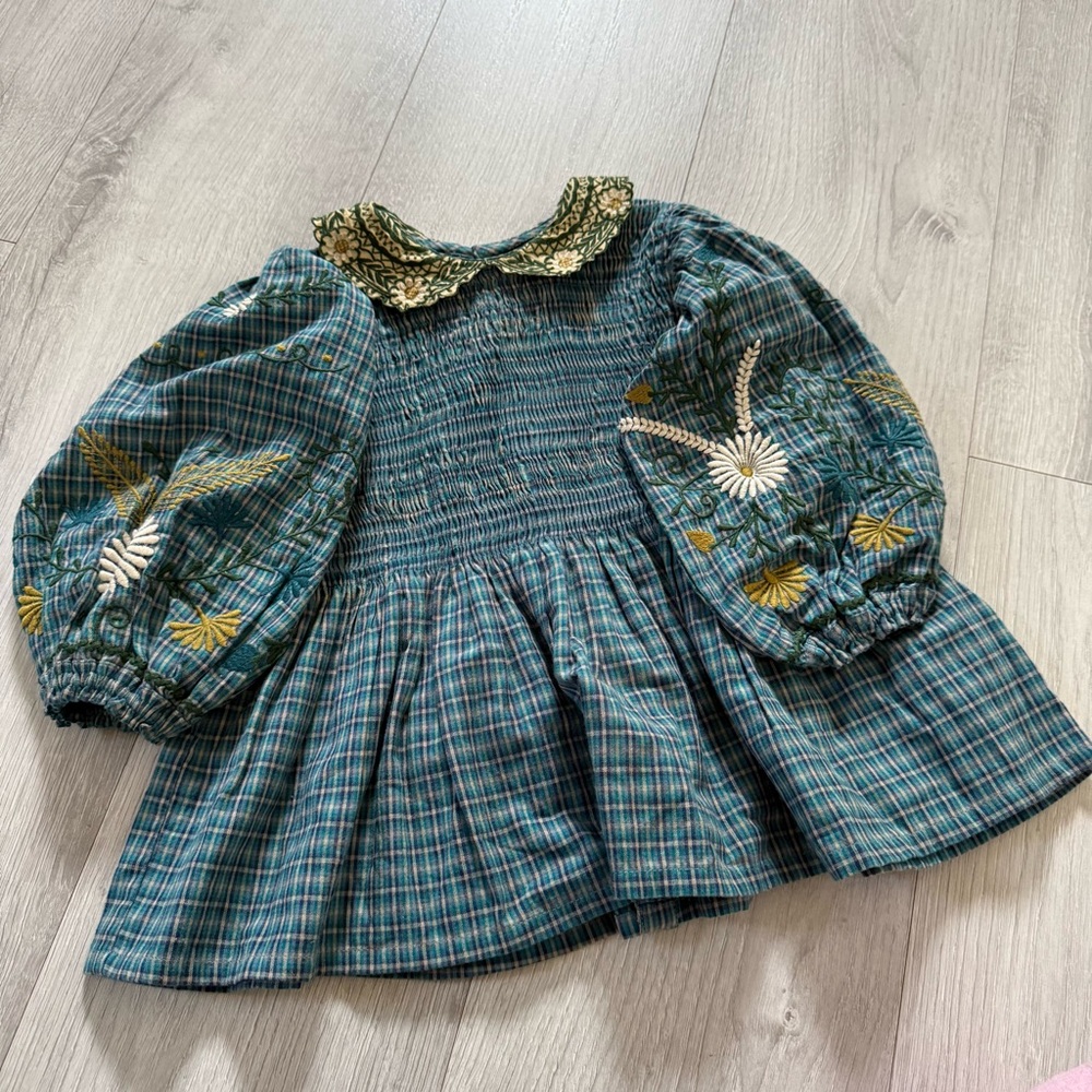 Plaid Green Kids Shirt with Embroidered Details